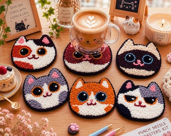 Cat Punch Needle Coaster Kit, Beginner DIY Craft, Kawaii Animal Home Decor