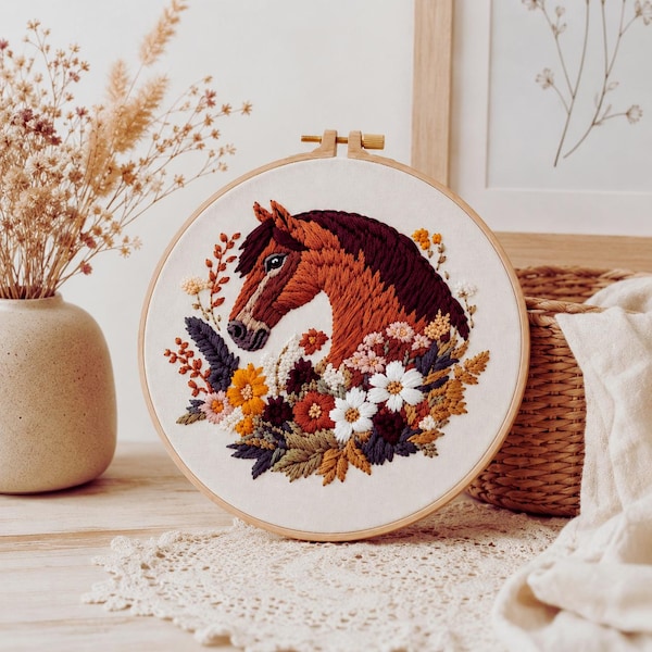 Kit per ricamo floreale a tema cavallo, modello per principianti per decorazione murale equestre, idea regalo fai da te.