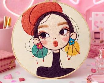 Girl Portrait Embroidery Starter Kit, Modern DIY Hand Embroidery Pattern, Wall Art