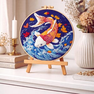 Kit de bordado de carpa koi, juego de costura, tamaño 20 x 20 cm, kit para principiantes, hilo de algodón, bastidor, aguja.