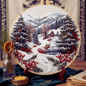 Stickerei Winter Cabochon, Schneebedeckte Landschaft, Handarbeit, Anfänger (20 cm Rahmen)