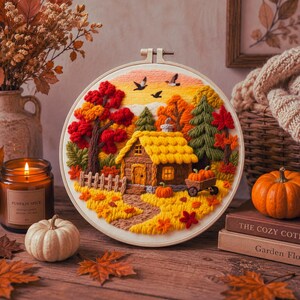 Herbst Cottage Stanznadel Set für Anfänger, Herbst Landschaft Fiber Art Kit, gemütliche Hütte DIY Handwerk, Wald Wohnkultur, 20 cm Stickrahmen