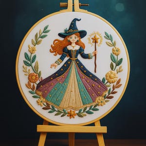 May include: Embroidered artwork of a witch in a blue dress and hat, holding a star wand. The witch has red hair and is surrounded by a floral wreath. The artwork is displayed in a wooden embroidery hoop on a small wooden easel.