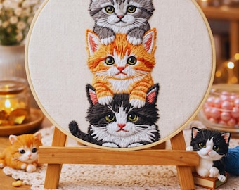 DIY Embroidery Starter Kit Cats  Cat Embroidery Kit  Hand Embroidery DIY Set for Beginners Cute Cat Wall Decor
