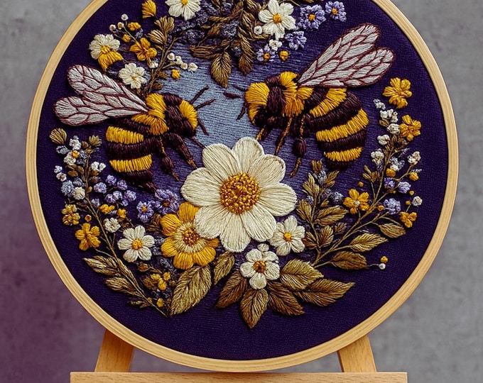 Hand Embroidered Bee Hoop Art: Floral Cottagecore Decor