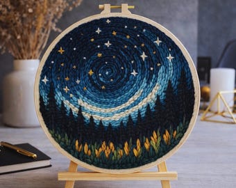 Night Sky Punch Needle Kit, Beginner DIY Fiber Art, Starry Landscape