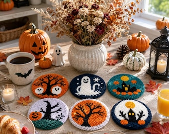 Op de afbeelding: Een set van zes ronde punch needle onderzetters met Halloween-ontwerpen zoals geesten, zwarte bomen, pompoenen en spookhuizen in oranje, zwart, wit en groenblauw, waarbij elke onderzetter een getextureerd oppervlak van lusjesgaren heeft.