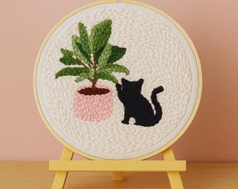 Black Cat Punch Needle Kit: DIY Embroidery, Plant Wall Art