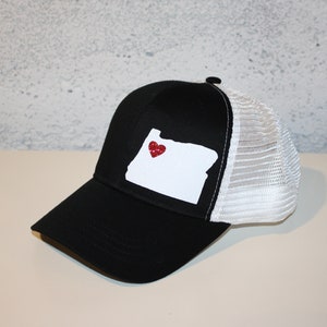 Heart Oregon Trucker Hat ANY STATE Black and White Trucker Hat with Sparkle White State Organic/ Recycled Material Hat image 1