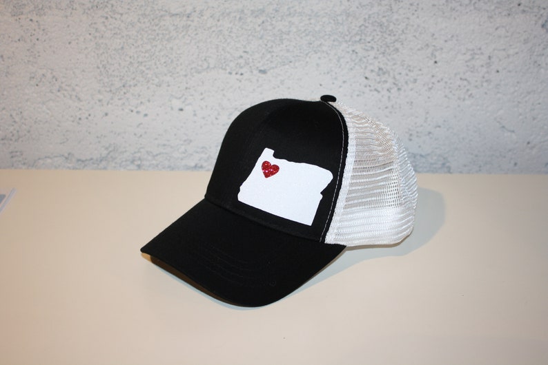 Heart Oregon Trucker Hat ANY STATE Black and White Trucker Hat with Sparkle White State Organic/ Recycled Material Hat image 1