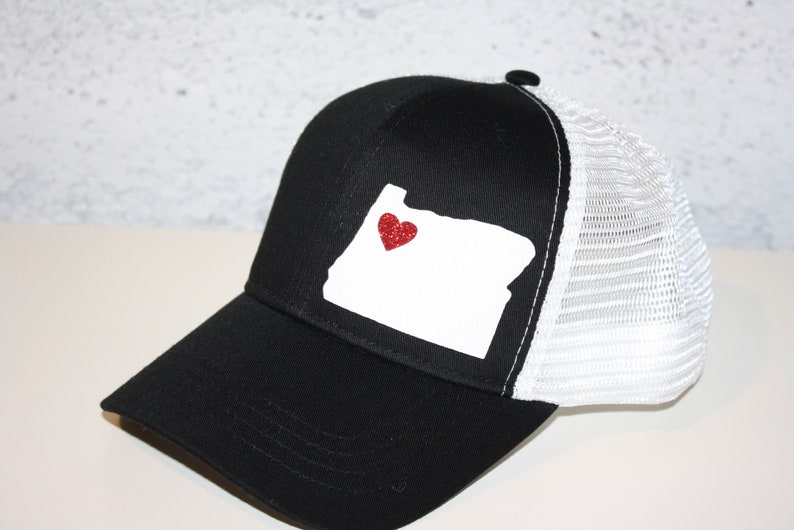 Heart Oregon Trucker Hat ANY STATE Black and White Trucker Hat with Sparkle White State Organic/ Recycled Material Hat image 2