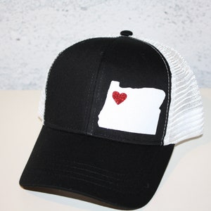 Heart Oregon Trucker Hat ANY STATE Black and White Trucker Hat with Sparkle White State Organic/ Recycled Material Hat image 7