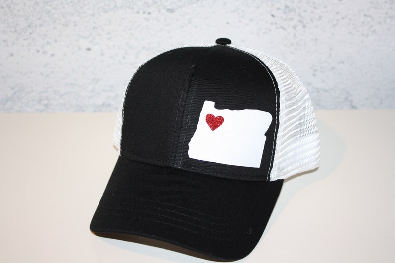 Heart Oregon Trucker Hat ANY STATE Black and White Trucker Hat with Sparkle White State Organic/ Recycled Material Hat image 7