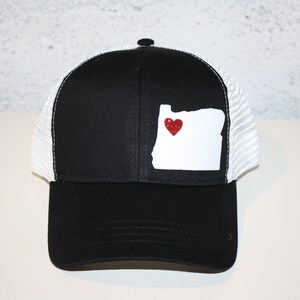 Heart Oregon Trucker Hat ANY STATE Black and White Trucker Hat with Sparkle White State Organic/ Recycled Material Hat image 5