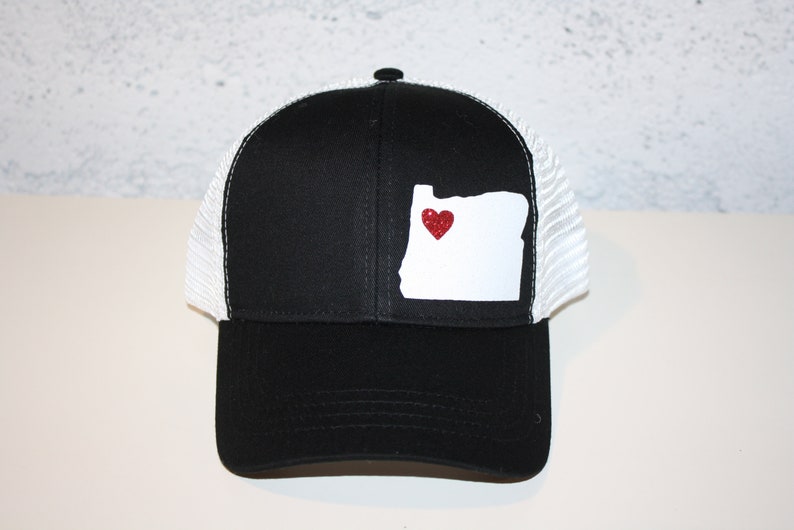 Heart Oregon Trucker Hat ANY STATE Black and White Trucker Hat with Sparkle White State Organic/ Recycled Material Hat image 5