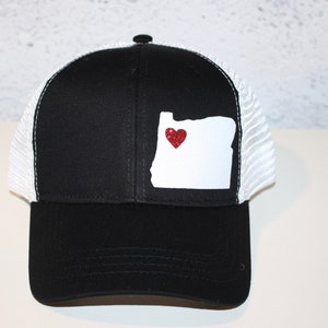 Heart Oregon Trucker Hat ANY STATE Black and White Trucker Hat with Sparkle White State Organic/ Recycled Material Hat image 4