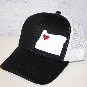 Heart Oregon Trucker Hat ANY STATE Black and White Trucker Hat with Sparkle White State Organic/ Recycled Material Hat image 3