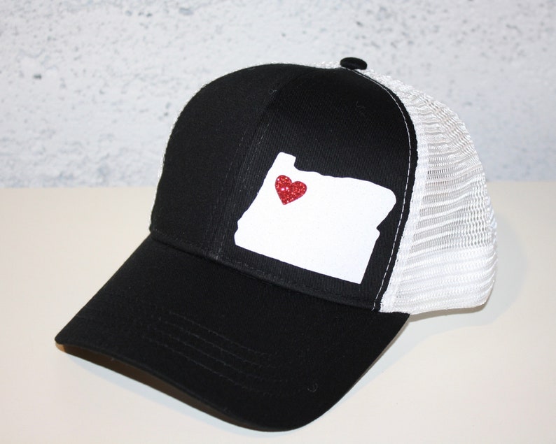 Heart Oregon Trucker Hat ANY STATE Black and White Trucker Hat with Sparkle White State Organic/ Recycled Material Hat image 3