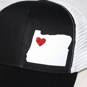 Heart Oregon Trucker Hat ANY STATE Black and White Trucker Hat with Sparkle White State Organic/ Recycled Material Hat image 6