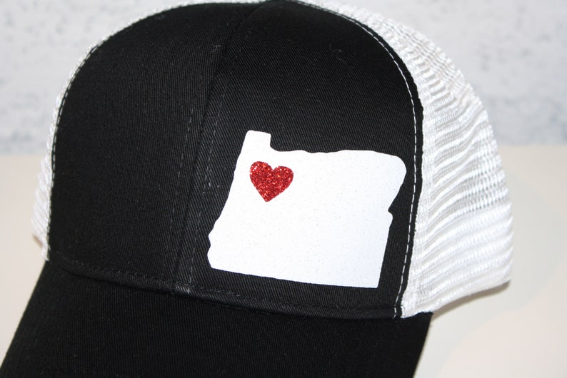 Heart Oregon Trucker Hat ANY STATE Black and White Trucker Hat with Sparkle White State Organic/ Recycled Material Hat image 6