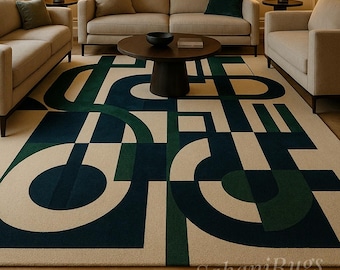 Alfombra de lana tejida a mano – Diseño geométrico azul marino y verde
