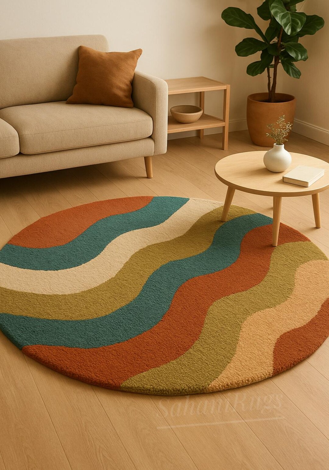 Eclectic Round Wool Rugs Hand Tufted Wool Round Rug – Colorful Wavy Retro Design - Etsy
