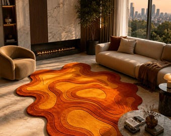 Hand Tufted Wool Area Rug | 70s Retro Orange Abstract