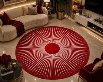 Luxury Modern Red Round Area Rug with Elegant Golden Sunburst Pattern and Textured Finish