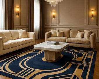 Alfombra de lana tejida a mano – Alfombra geométrica azul marino estilo art déco