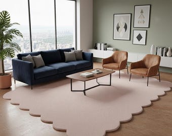 Alfombra de lana tejida a mano: Alfombra moderna con borde festoneado, suave y minimalista para la sala de estar.