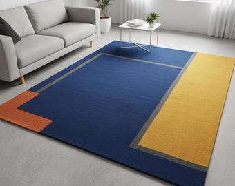 Hand Tufted Wool Rug: Blue Yellow Abstract Geometric Area Carpet