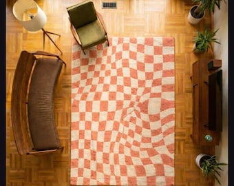 Retro Wavy Checkerboard Rug Handtufted Terracotta Orange Mid Century Modern Living Room Carpet