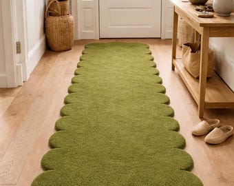 Alfombra de pasillo de lana tejida a mano – Alfombra de pasillo con borde festoneado color verde oliva