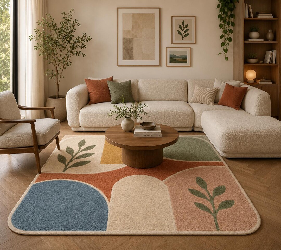 Abstract Botanical Hand Tufted Wool Rug, Modern Boho Geometric Carpet ...
