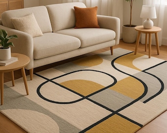 Alfombra de lana tejida a mano – Amarillo mostaza, diseño geométrico de mediados de siglo