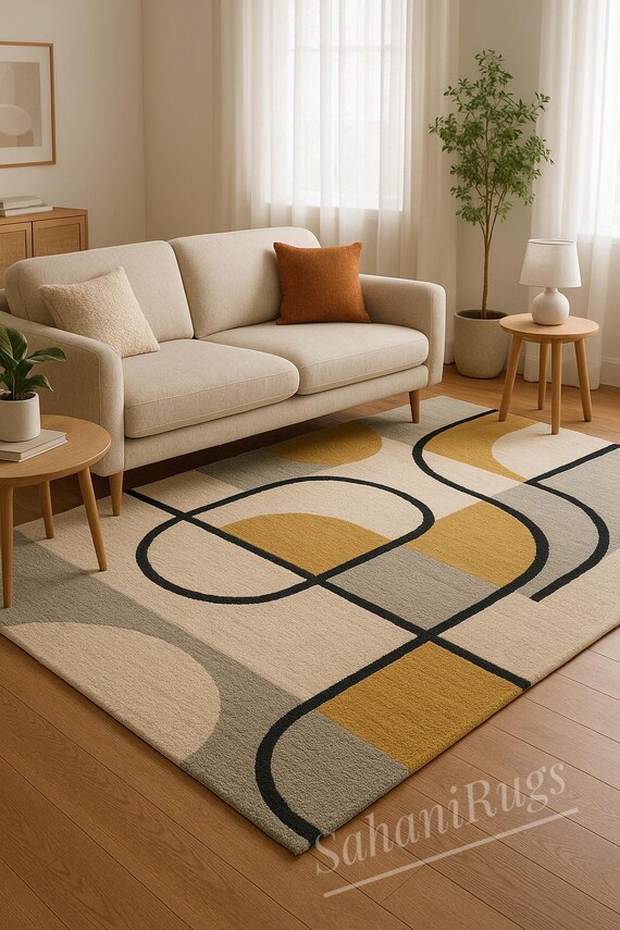 Hand Tufted Wool Rug Mustard Yellow Beige Grey | Modern Geometric Abstract Area Rug | Handmade Wool Carpet for Mid Century Living Room Bedro