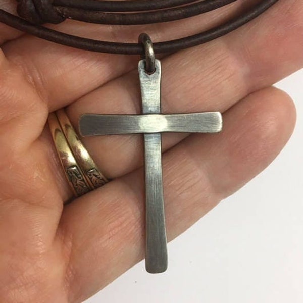 Sterling Silver Cross - large rustic handcrafted cross - christian jewelry - handmade artisan pendant - leather cord