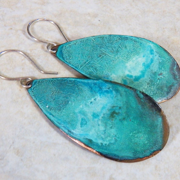 Turquoise Tear Drop Earrings -  Handcrafted Patina  - Aqua Teal Blue Copper Dangles - Multi color Patina