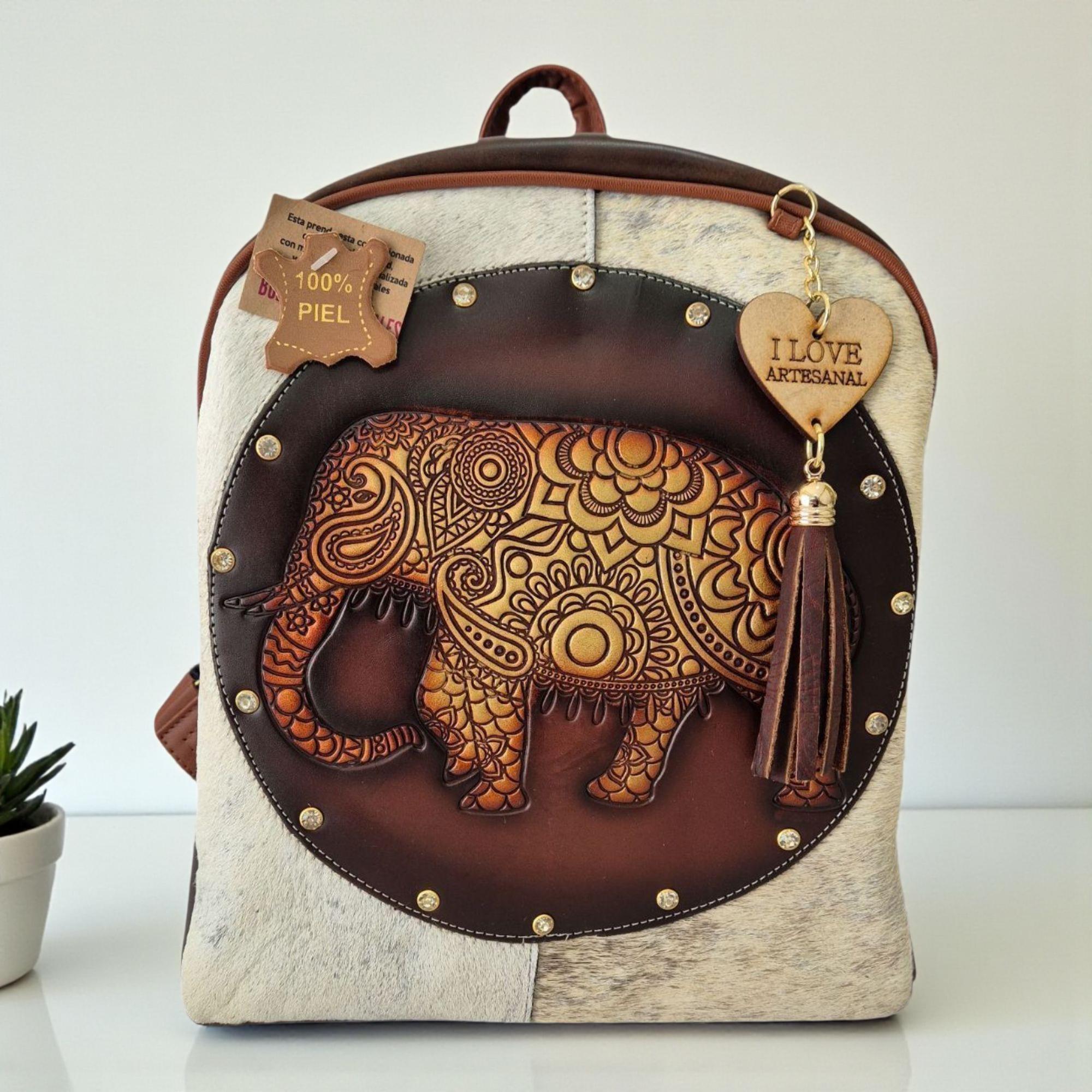 Handcrafted Leather Backpack With Natural Hair and Elephant  display picture 1