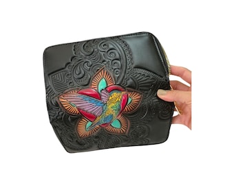 Handmade Leather Wallet with Hand-Painted Hummingbird