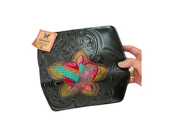Handmade Leather Wallet with Hand-Painted Hummingbird