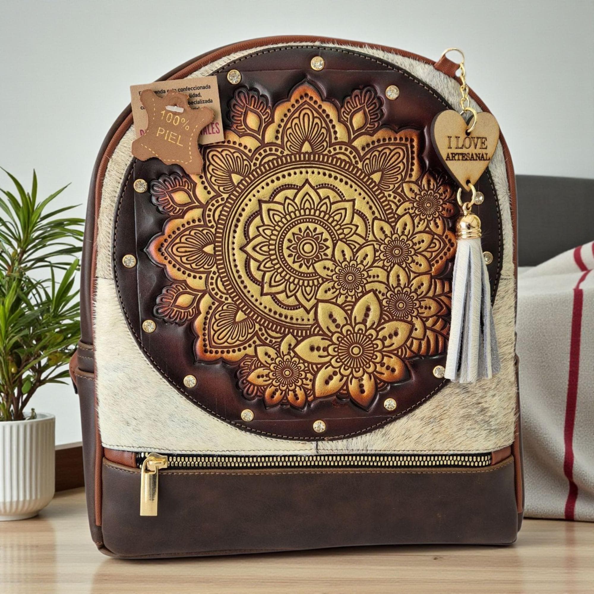 Artesanal Love Floral Tooled Leather Backpack in Black and Multicolor Hand Tooled Leather Purse, Hand Made Crossbody Bag, Unique  main image 2