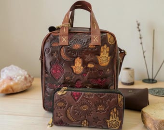 Boho Artisan Backpack Purse for Women with Matching Wallet, Embossed Design and Adjustable Strap