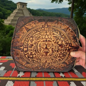 May include: A brown leather wallet with a detailed Mayan calendar design embossed on the front. The wallet has a zipper closure and a rectangular shape. The background features a pyramid and lush green mountains.