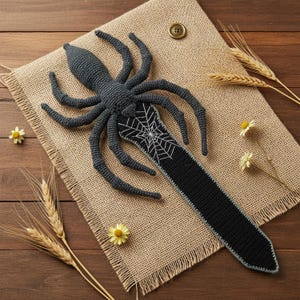 May include: A handmade, dark gray crochet spider with long legs and a black body. The spider is lying on a burlap cloth, with a black bookmark featuring a white spiderweb design. The bookmark is edged in light gray.