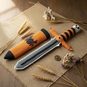 Puede incluir: Juego de espada y vaina de ganchillo en naranja, negro y gris. La espada presenta un mango de calavera y una guarda decorativa. La vaina es naranja con una aplicación de araña negra. El conjunto se exhibe sobre una superficie de yute.