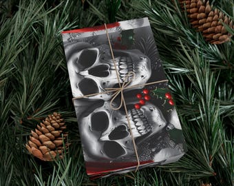 Skull Santa Hat Gift Wrap Paper | Christmas Wrapping Paper with Holly