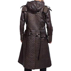 Hooded Faux Leather Assassin Trench Coat: Gothic Cosplay Rogue Cloak