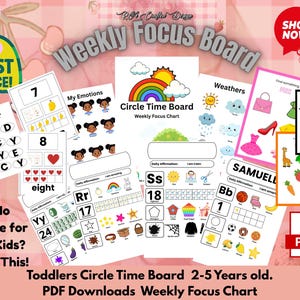 May include: A collection of printable educational materials for toddlers aged 2-5, including a weekly focus chart, emotion charts, number recognition, and weather activities. The materials are designed to be used at home.