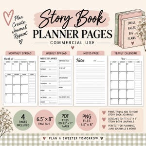 May include: A set of printable planner pages titled Story Book Planner Pages with commercial use rights. Includes a monthly spread, weekly planner, notes page, and yearly calendar in 6.5 inch by 8 inch size, provided in PDF and PNG formats.